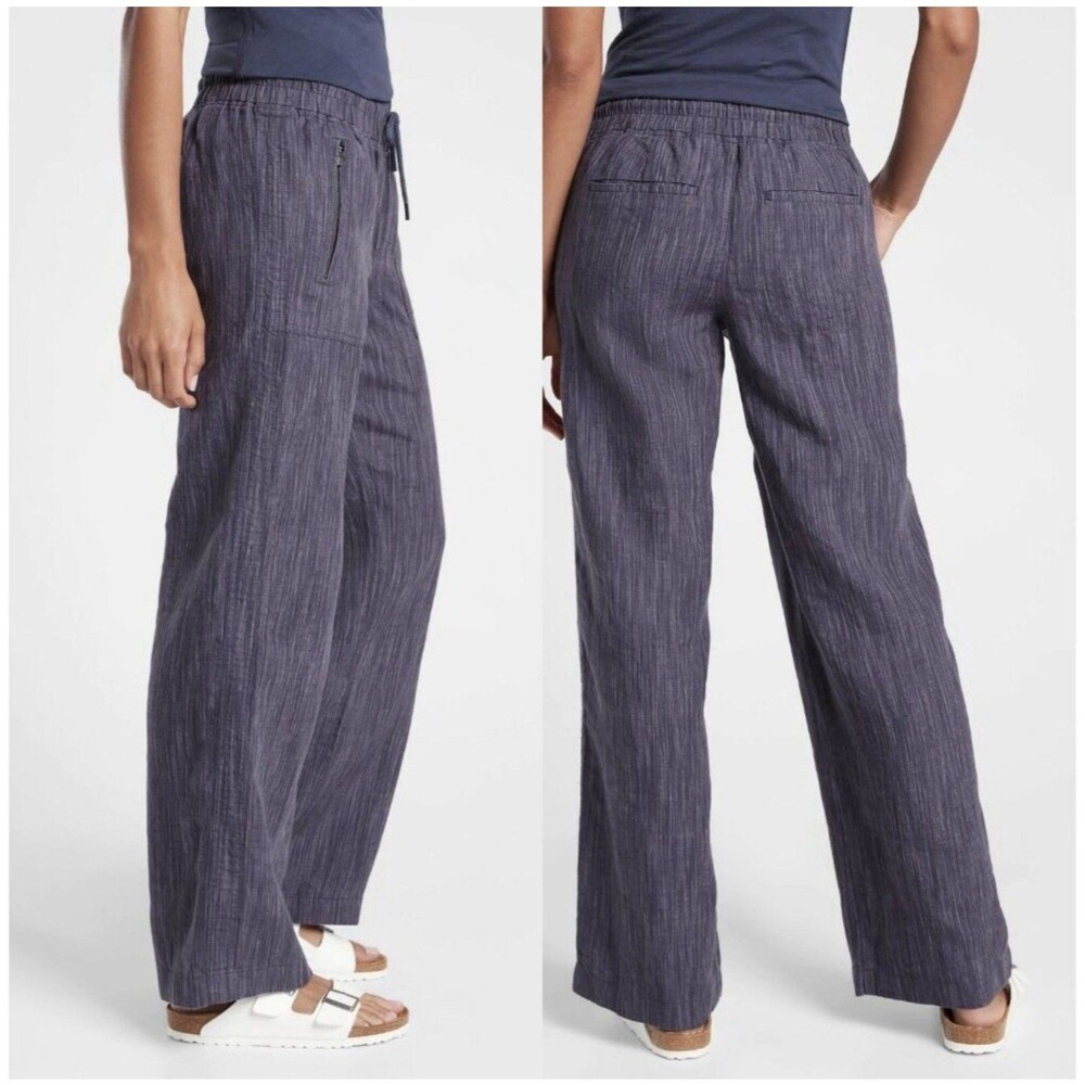 Athleta Cabo Linen Blue Textured Wide Leg Pants Striped Drawstring Size 2